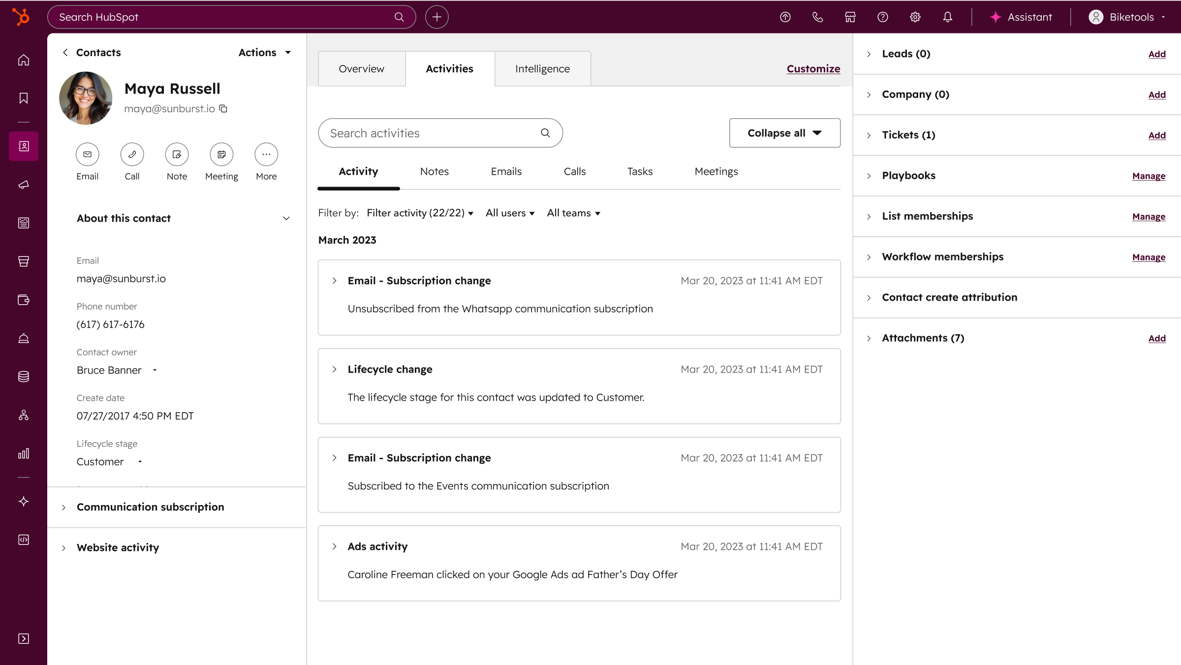 HubSpot Smart CRM - Contact record met volledige klanthistorie